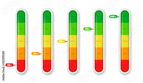 Color coded progress, level indicator with units. Vector illustartion