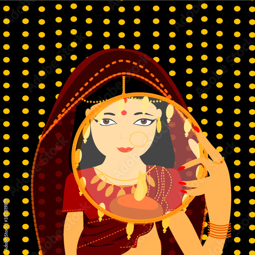 Vector of Indian Lady celebrating Karwa Chauth festival.