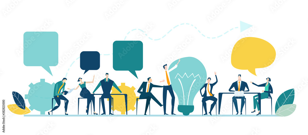Εκτύπωση καμβά Workspace with business people sitting by desk, working together, discussing, negotiating the deal