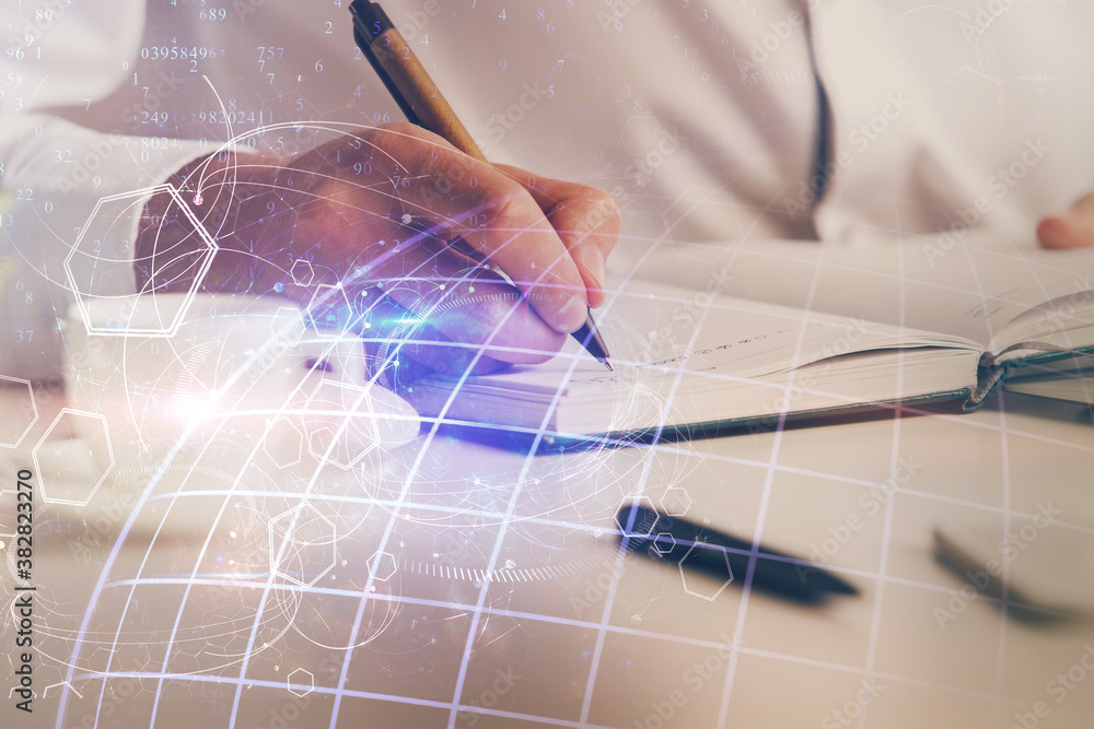 Man with multi exposure global network theme icons. Man with multi exposure global network theme icons.
