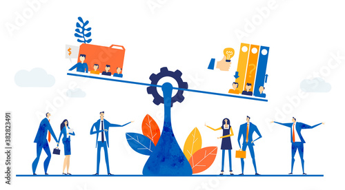 Business people working with scale, outweighs documents, files, information. The concept of overweight, best idea, cost, power, control, support and comparison. 