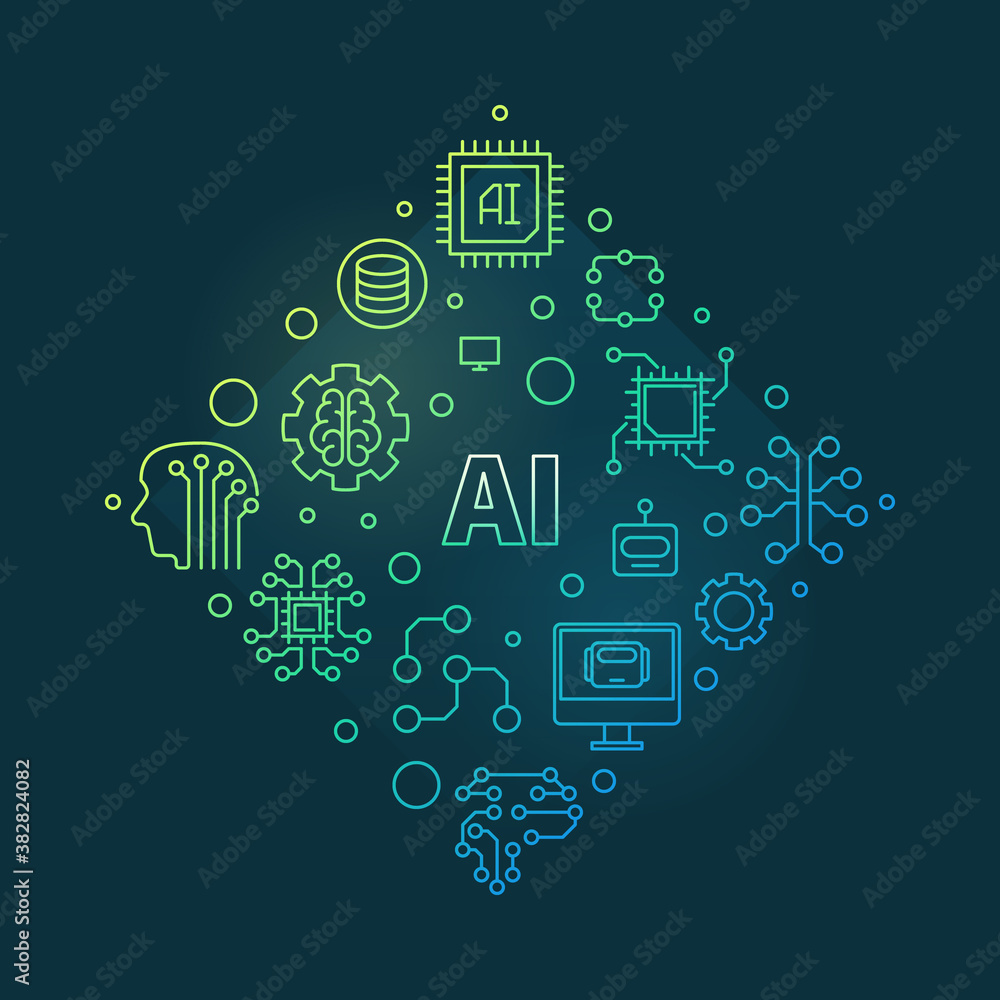 AI or Artificial Intelligence vector concept colorful linear illustration on dark background