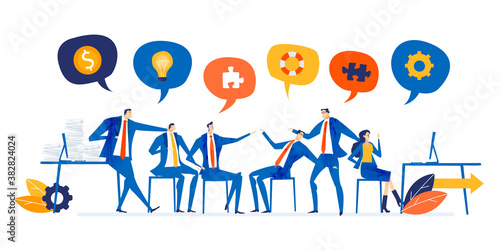 Business people forking in office. People sit by desk and communicating online. Generating great new ideas, support, control and delivering the deal. Business concept illustration.