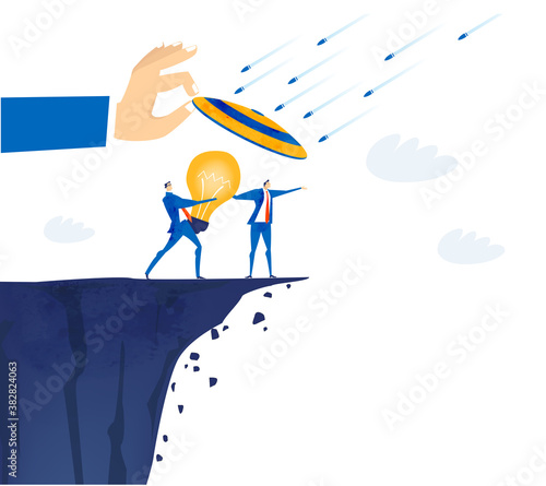 Businessman running at the edge of cliff and cover himself with shield in order to protect against of bullets. Contemporary management concept, solving problem and achievement business illustration