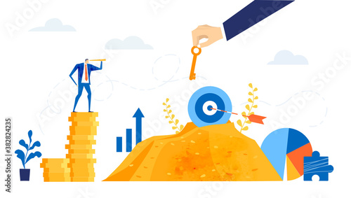 Successful businessman banker stands on top stack of coins and looking for new investments, new start up. Key to success. Business concept in flat design style illustration.