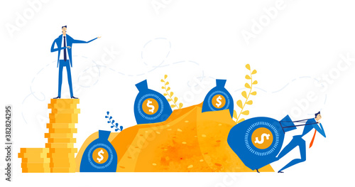 Successful businessman, banker stands on top stack of coins, showing profit and looking for new investments, start up. Key to success. Business concept in flat design style illustration.