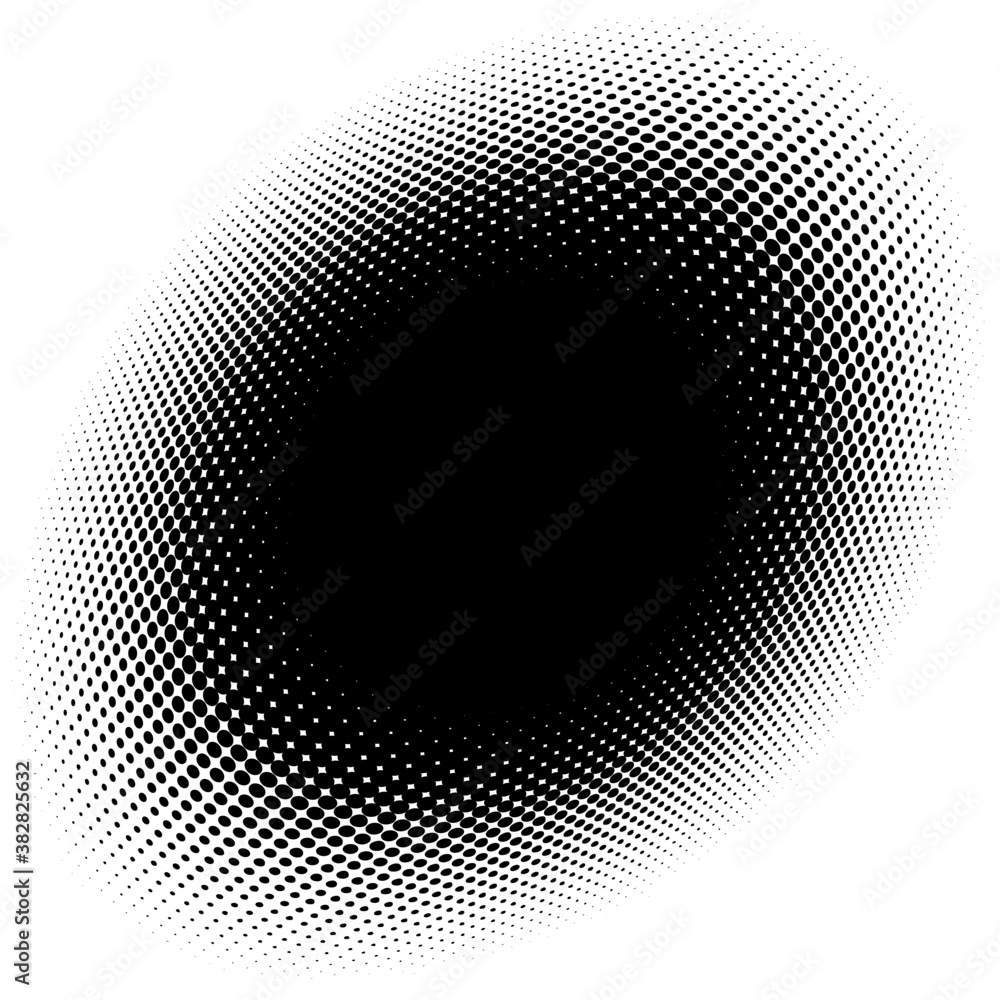 Obraz premium Spherical distortion halftone dots element. Orb, ball deform on bulge, bump speckles, polka-dots and screentone.Pointillist, pointillism abstract geometric circle element, pattern.Curve,camber FX