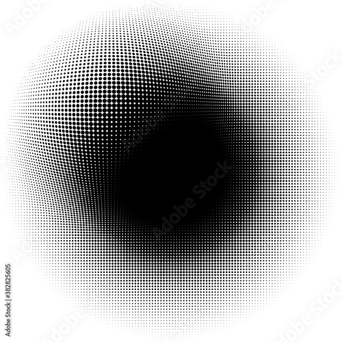 Spherical distortion halftone dots element. Orb, ball deform on bulge, bump speckles, polka-dots and screentone.Pointillist, pointillism abstract geometric circle element, pattern.Curve,camber FX