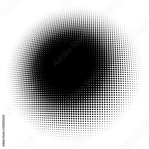 Spherical distortion halftone dots element. Orb, ball deform on bulge, bump speckles, polka-dots and screentone.Pointillist, pointillism abstract geometric circle element, pattern.Curve,camber FX