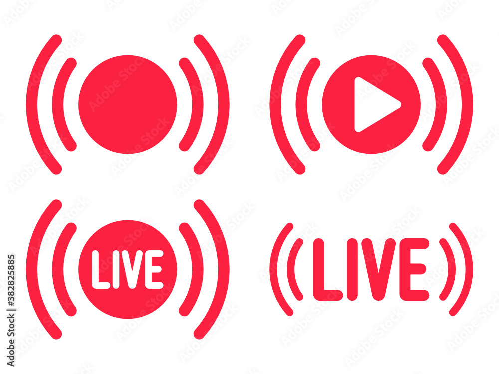 Set of red live streaming icons. Broadcast symbols. Social media live video Set of red live streaming icons. Broadcast symbols. Social media live video