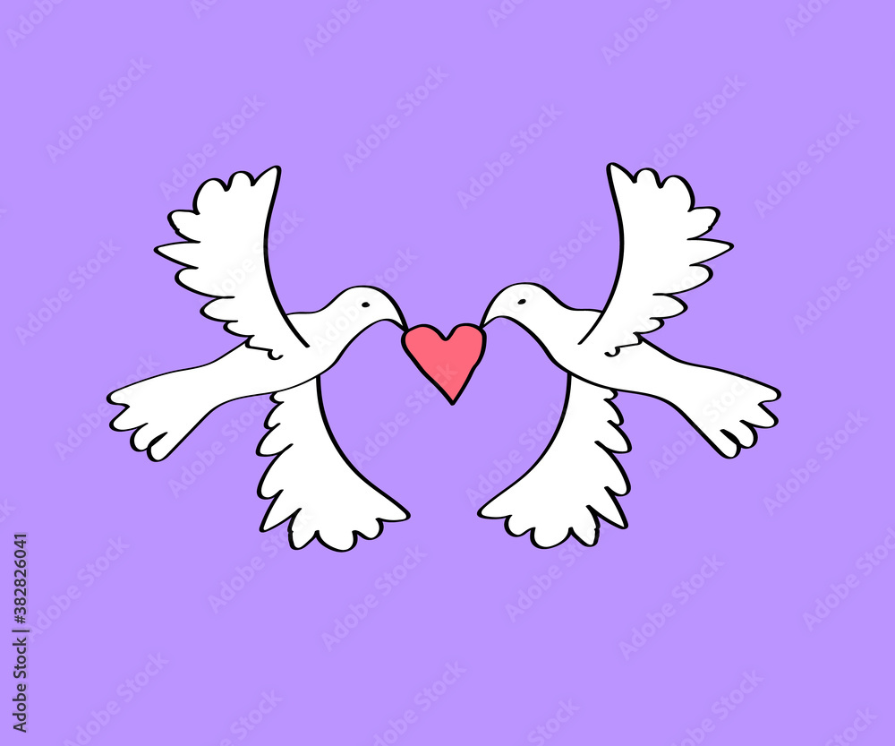 Wedding doves on a lilac background. Cartoon. Vector illustration. Wedding doves on a lilac background. Cartoon. Vector illustration.