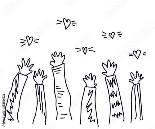 A crowd of raised hands and hearts. Sketch. Vector illustration.