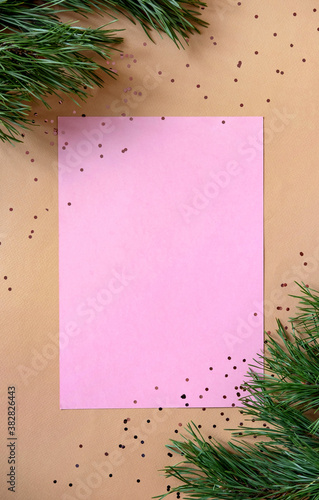 Blank Christmas Greeting Card. New year flat lay, top view, copy space.