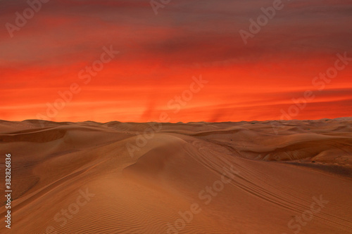 Red sunset landscape view on sand desert  Dubai  UAE