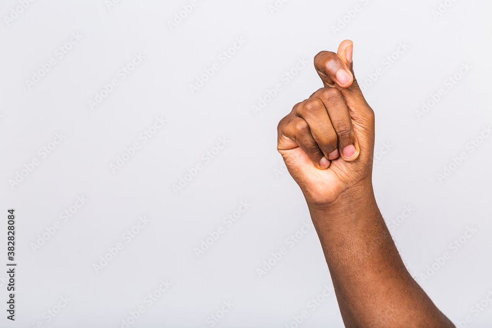 Afro-American black man's hand showing different gestures on white background, closeup view of hands.