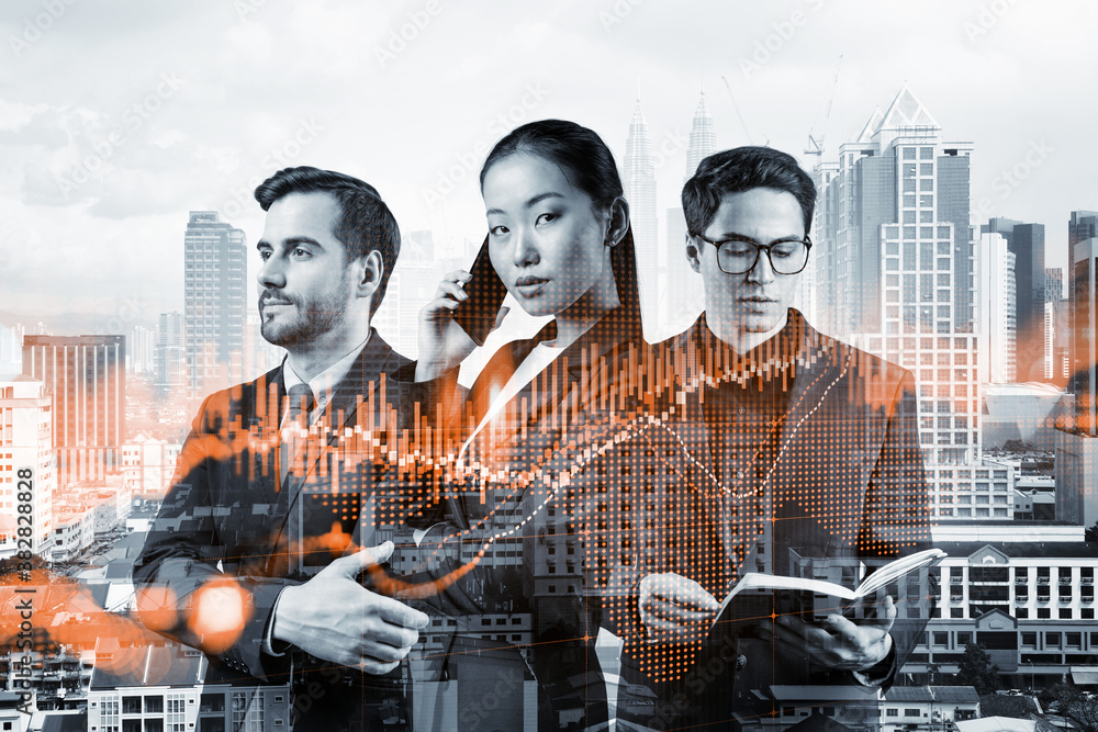 Ταπετσαρία Group of business colleagues in suits as a part of multinational corporate team working on forecasting trading corporate strategy at fund