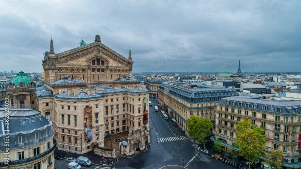 Timelapse of classic roof top view in the center of Paris. View from the observation deck of the gallery La Fayette Paris from the height, in a cloudy rainy automn day Timelapse of classic roof top view in the center of Paris. View from the observation deck of the gallery La Fayette Paris from the height, in a cloudy rainy automn day