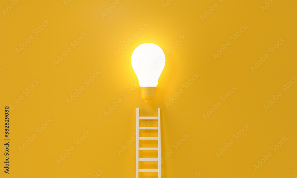 Ladder reaches up to a lit light bulb representing an Idea, creativity, invention concept. 3d rendering. - obrazy, fototapety, plakaty 