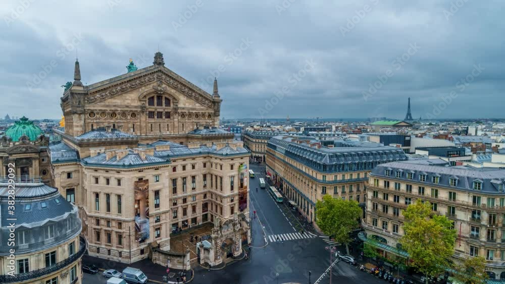 Timelapse of classic roof top view in the center of Paris. View from the observation deck of the gallery La Fayette Paris from the height, in a cloudy rainy automn day Timelapse of classic roof top view in the center of Paris. View from the observation deck of the gallery La Fayette Paris from the height, in a cloudy rainy automn day