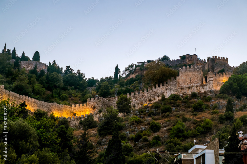 View of the walls of the ancient fortress and the tower  in Alanya in Turkey