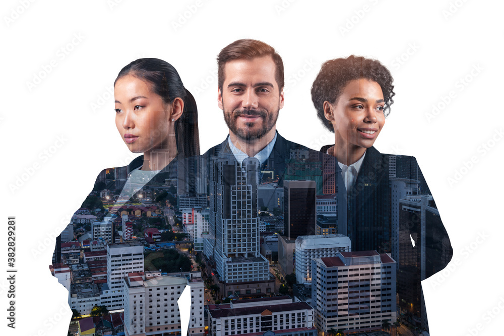 Ταπετσαρία Double exposure of three young, successful, business people, man and woman, standing in front of Asian city Kuala Lumpur background