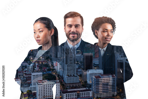 Canvas Print Double exposure of three young, successful, business people, man and woman, standing in front of Asian city Kuala Lumpur background