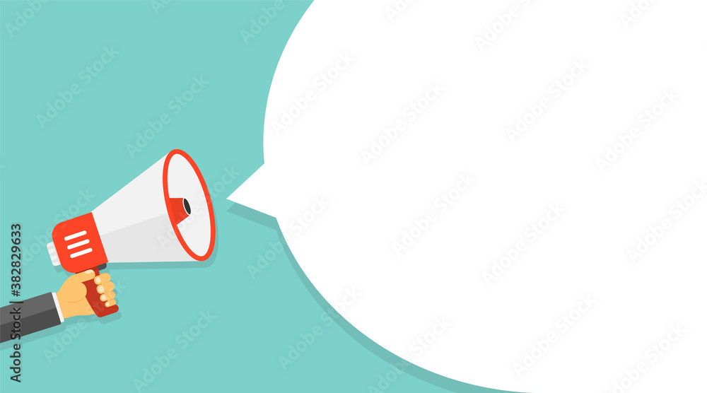 Hand holds a megaphone. Dialog box, white bubble for social media marketing and advertising concept. Advertising banner or poster of a site for a social network.B Hand holds a megaphone. Dialog box, white bubble for social media marketing and advertising concept. Advertising banner or poster of a site for a social network.B