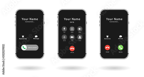 Three smartphones. Phone call screen installed. Accept button, reject button. Incoming call. Interface. Phone call screen template mockup. photo