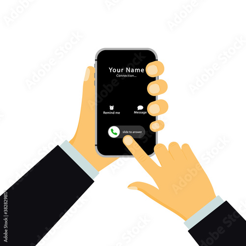 Human hand holds a smartphone with an incoming call and a touch screen. Swipe to answer. Phone call screen installed