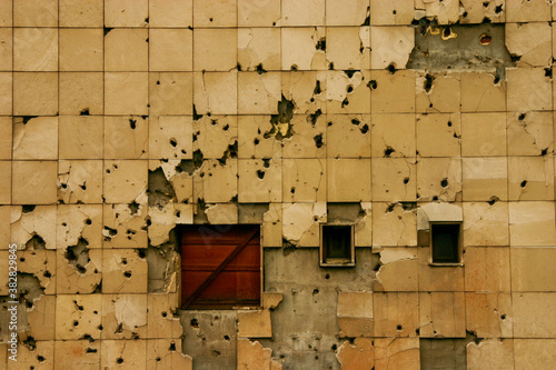 Traces of the Bosnian War, Bullet holes on wall of building in Sarajevo, Bosnia and Herzegovina