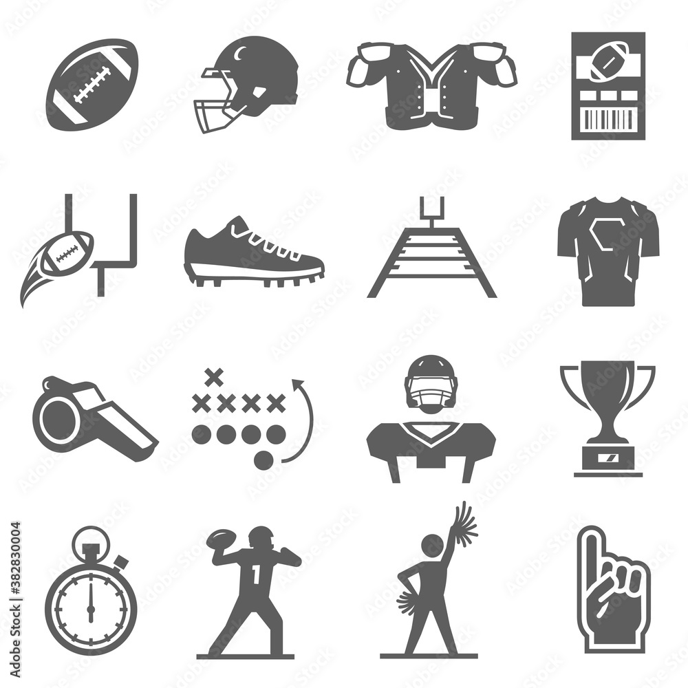 American football, gridiron bold black silhouette icons set isolated on white. Sport equipment, ball.