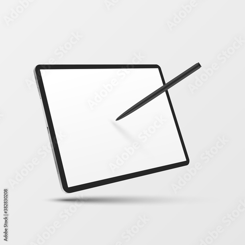 Tablet computer with stylus, empty screen realistic mock up. Mobile device with touchscreen.
