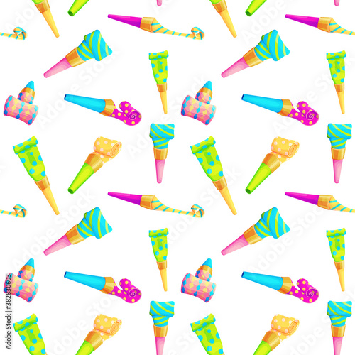 Birthday party whistle seamless pattern. Isolated clown blower. 3d blowout vector illustration. Carnival popper object. Plastic roll buzzer.