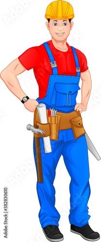 carpenter is posing on a white background