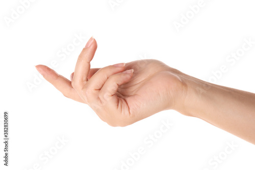 Woman on white background, closeup of hand