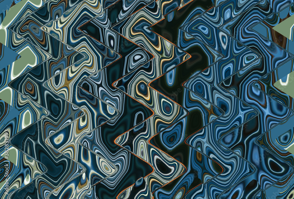 Fototapeta premium Abstract zigzag pattern with waves in blue, green, black tones. Artistic image processing created by christmas tree toy photo. Beautiful multicolor pattern. Background image.