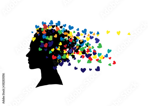 Silhouette of face of girl with hair made of colourful hearts. Illustration isolated on white background. 