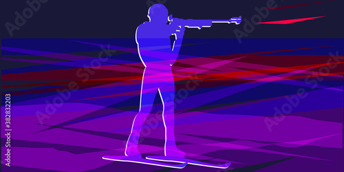Biathlete shooting a gun - abstract bright background - illustration, vector. Winter sports.