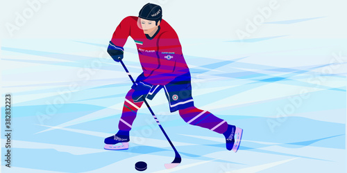 Hockey player with hockey stick and puck - abstract background - illustration, vector. Winter sports.