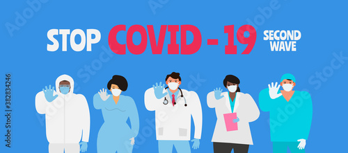 stop coronavirus covid 19 second wave doctors and nurses vector illustration