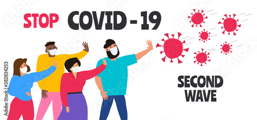 stop covid 19 second wave people in medical masks against coronavirus molecules vector illustration