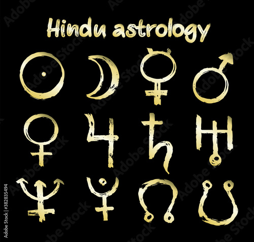 Gold icon of planet in Juotisha astrology - Vector illustration with sign Mars, Venus, Mercury, Moon, Sun, Jupiter, Saturn, Pluto, Uranus, Neptune, Rahy and Kethu