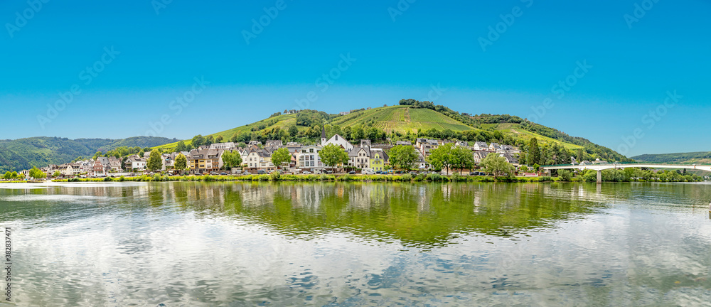 panoramic view to village of Zell at the Moselle valley in Germany panoramic view to village of Zell at the Moselle valley in Germany