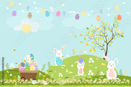 Spring field with bunny hunting Easter eggs,Vector Cute cartoon rabbits and hunny bees flying in grass field. Spring or Summer time banner with copy space for easter greeting card