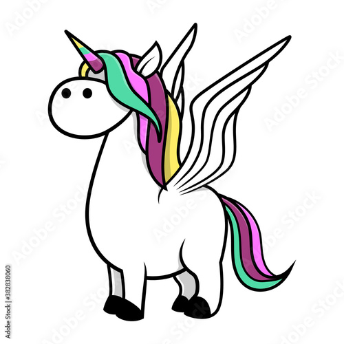 Funny baby unicorn with rainbow colors hair having a bird wings and get ready to flying best for sticker or decoration for kids, Cartoon Vector