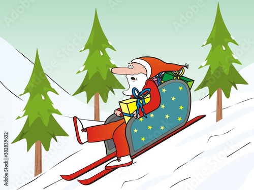 Santa Claus on a sleigh, humorous vector illustration