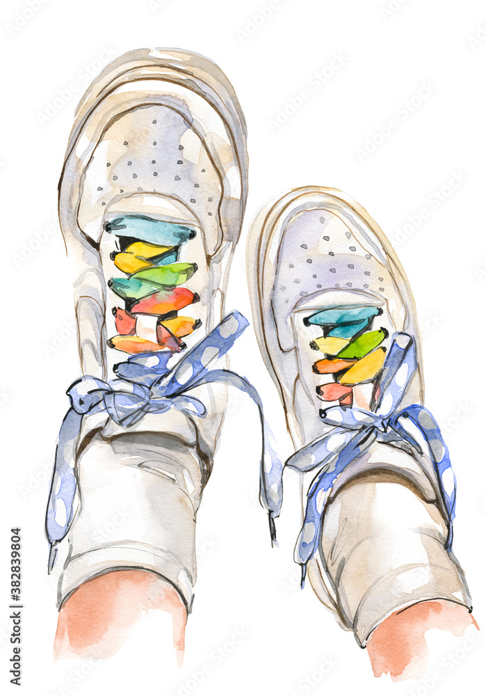 fashion illustration of female pair of modern shoes with color shoelaces