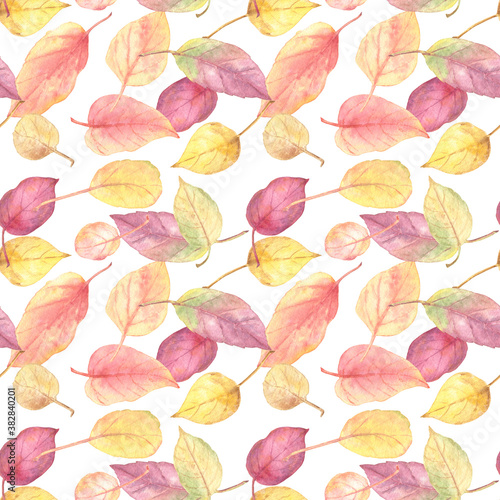 Seamless pattern with autumn leaves on a white background. Watercolor illustration. 