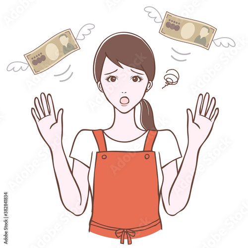 お手上げポーズの女性と飛んでいくお金　イラスト