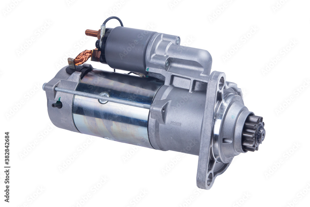 Starter for a car with solenoid isolated on white background Starter for a car with solenoid isolated on white background
